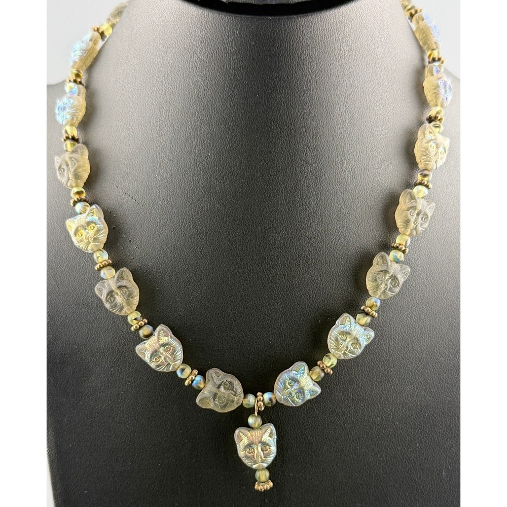 Vintage Cat Necklace Glass Iridescent Face Beads Gold Filled Clasp 15.5"